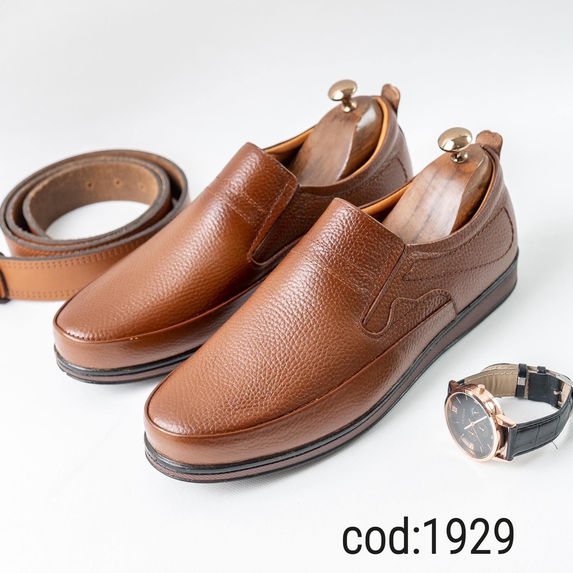  کفش مردانه بدون بند چرم قهوه ای1929 